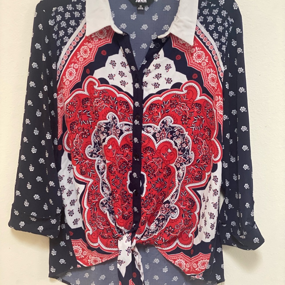 Blue and Black 3/4 Sleeve Tie Front Blouse